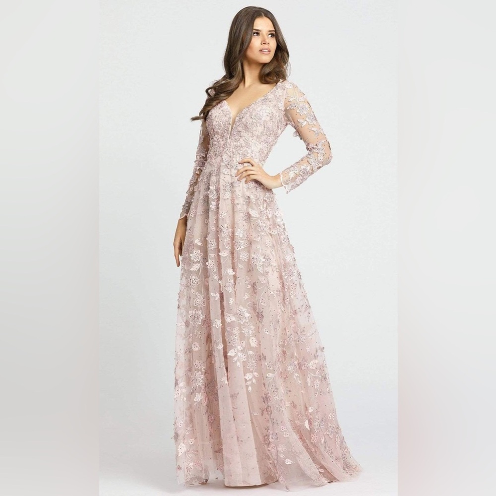 Mac Duggal Pink Floral Applique Long Sleeve Illusion Gown Dress Size 8 NWT - Picture 10 of 15